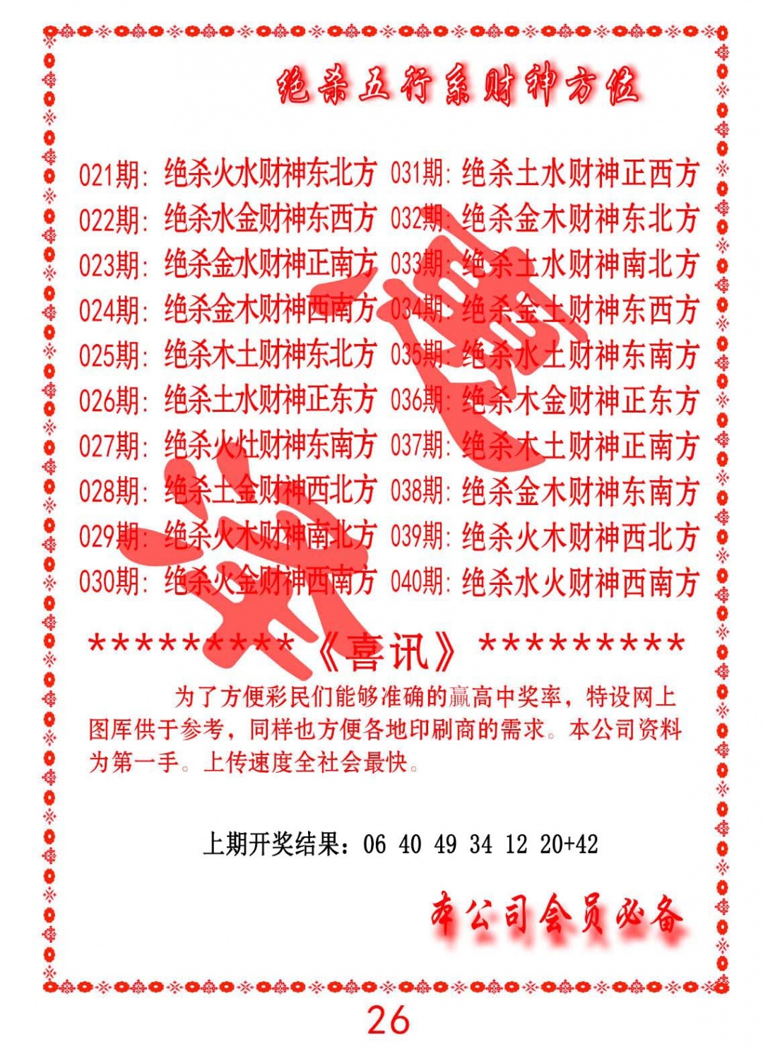 039期绝杀五行及财神方位[图]